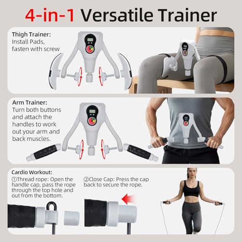 Abahub Inner Thigh Trainer with Display Counter, 0-132 LBF Adjustable Resistance Pelvic Floor Muscle Exerciser, Home Gym Kegel Trainer Includes Bands, Arm Workout Handles & Wireless Jump Rope