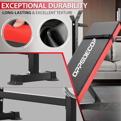 Standard Weight Bench Set with Foot Catch, Adjustable Bench Press Set with Squat Rack, Foldable Flat Incline Decline Workout Bench for Home Gym Full Body Training, 660LB Capacity (US Stock)