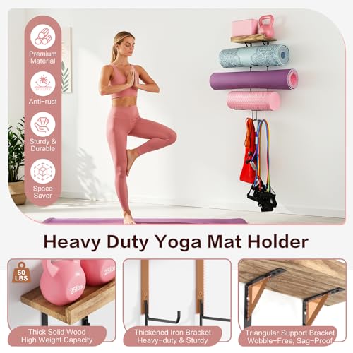 Yoga Mat Holder Accessories Wall Mount Organizer Storage Decor Foam Roller and Towel Storage Rack with 4 Hooks and Wooden Shelves Yoga Mats Rack Resistance Bands for Home Gym School Office