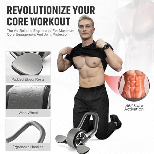 Ab Roller Wheel with Elbow Support and Kneeling Mat Automatic Rebound Abdominal Wheel Abs Abs workout equipment for Home and Gym Exercise Roller for Core Workout