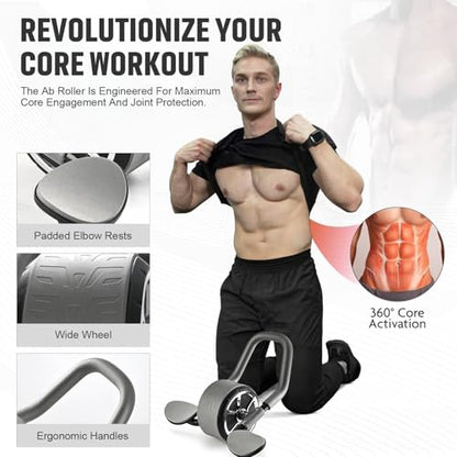 Ab Roller Wheel with Elbow Support and Kneeling Mat Automatic Rebound Abdominal Wheel Abs Abs workout equipment for Home and Gym Exercise Roller for Core Workout