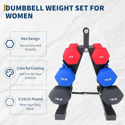 Neoprene Dumbbell Set for Women & Kids - Light Dumbbell Set (1/2/3, 2/3/5, 3/5/8, 5/10/15 LB) with Storage Plastic Case, Packed In Pairs, Set of Small Weights for Home, Living Room, Bedroom - size: 5+10+15 LBS