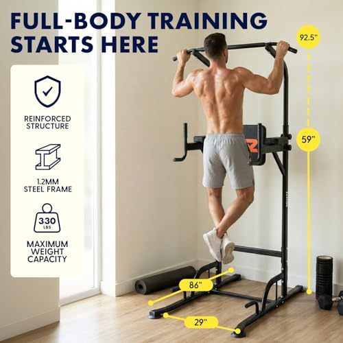 Power Tower Pull Up Station with Free Standing Pull Up Bar, Multi-Grip Workout Frame with 6 Adjustable Heights, H-Base Stability, Steel Construction, 330 lb Capacity for Home Gym, Black