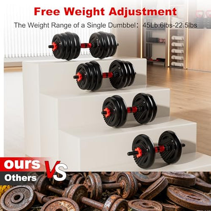 Adjustable Dumbbell Set, 10/20/30/45/70/90lbs Free Weight Set with Connector, 5 in1 Dumbbells Set Used as Barbell, Kettlebells, Push up Stand,Weight Plate, Fitness Exercises for Home Gym Suitable Men/Women