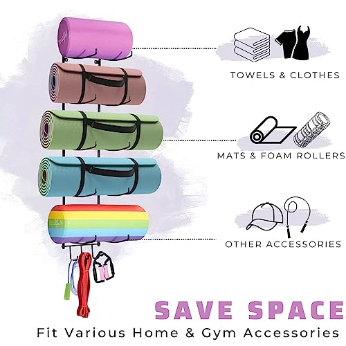 Yes4All 3-Tier and 5-Tier Steel Yoga Mat Rack Organizer Wall Mount with 3 Hooks, Foam Roller Holder Wall Mount Rack For Yoga Mat Storage, Hanging Yoga Strap and Resistance Bands