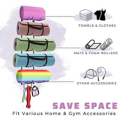 Yes4All 3-Tier and 5-Tier Steel Yoga Mat Rack Organizer Wall Mount with 3 Hooks, Foam Roller Holder Wall Mount Rack For Yoga Mat Storage, Hanging Yoga Strap and Resistance Bands