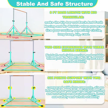 MARFULA Gymnastic Kip Bar for Kids Teens Ages 3-25 of All Gymnastic Levels - color: Teal (Bar with Mat - 8Ft Base)