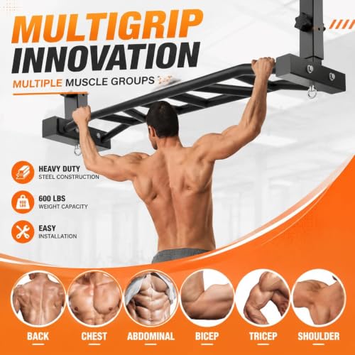 48" Ceiling Mount Pull Up Bar - Heavy Duty Multi-Grip Chin Up Bar for Garage/Home Gym and Strength Training, Adjustable Height&Supports to 600 Lbs