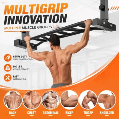 48" Ceiling Mount Pull Up Bar - Heavy Duty Multi-Grip Chin Up Bar for Garage/Home Gym and Strength Training, Adjustable Height&Supports to 600 Lbs