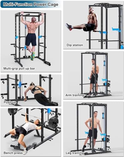 Power Cage, Multi-Functional Power Rack with J-Hooks, Dip Handles, Landmine Attachment and Optional Cable Pulley System for Home Gym - size: 240LB Weights Package+Flat Bench