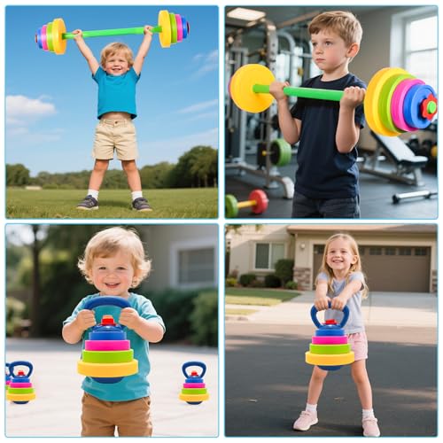3-in-1 Kids Fitness Set with Adjustable Barbell, Kettlebell & Reusable Water Bottle – Kids Gym Equipment for Pretend Play Exercise, Fun Fitness Toys for Boys & Girls Home Workout