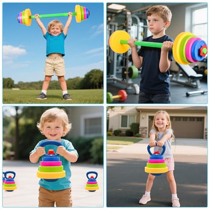 3-in-1 Kids Fitness Set with Adjustable Barbell, Kettlebell & Reusable Water Bottle – Kids Gym Equipment for Pretend Play Exercise, Fun Fitness Toys for Boys & Girls Home Workout