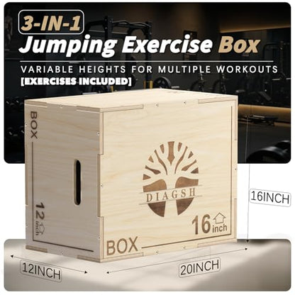 Plyo Box - 3-in-1 Wood Plyometric Jump Platform (16"x12"x8") for Home Gym Training - Ideal for Jumps, Squats & Conditioning-1 Piece - size: 20" x 16" x 12"