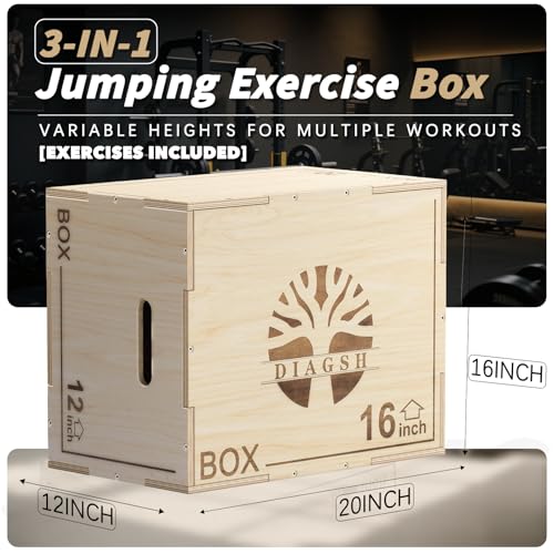 Plyo Box - 3-in-1 Wood Plyometric Jump Platform (16"x12"x8") for Home Gym Training - Ideal for Jumps, Squats & Conditioning-1 Piece - size: 20" x 16" x 12"