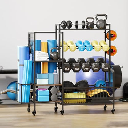 3-Tier Dumbbell Rack Stand Only - Adjustable Weight Rack for Home Gym, Heavy-Duty Weight Stand With Hooks for Dumbbells Kettlebells Foam Roller Yoga Mats Workout Equipment Storage Organizer