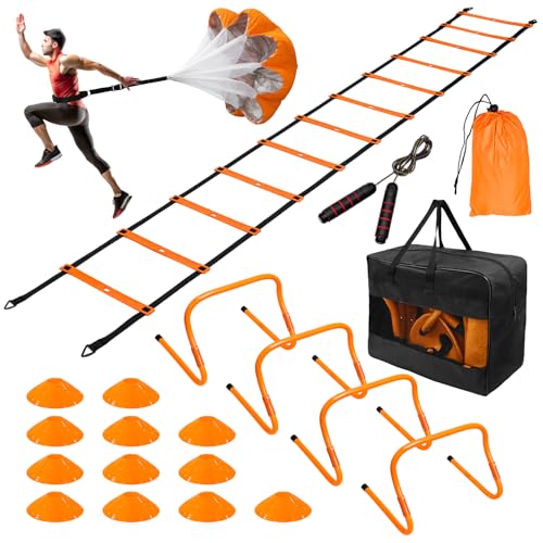 Soccer Agility Training Equipment Set, 20ft Speed Ladder, 12 Soccer Cones, 4 Hurdles, Running Parachute, Jump Rope, Basketball Football Soccer Training Equipment