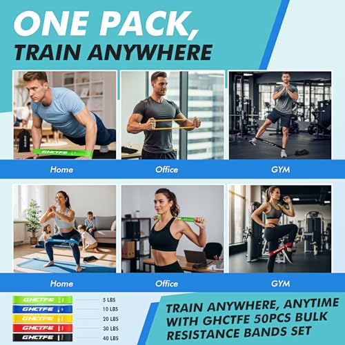 50PCS Resistance Bands Bulk Pack for Gym Studios, Trainers & Schools, 10 Mini Bands Sets, 5 Levels Color-Coded Durable Loop Exercise Bands for Pilates, Yoga, Rehab, Gift for Team Fitness
