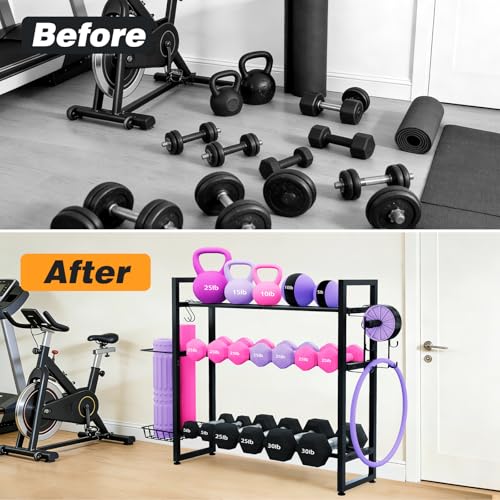 3-Tier Dumbbell Rack with 882 LBS Capacity, Multi-Purpose Weight Rack for Home Gym with Shelf and Movable Hooks, Weight Holder and Home Gym Storage Organizer for Dumbells Kettlebells Yoga Mat