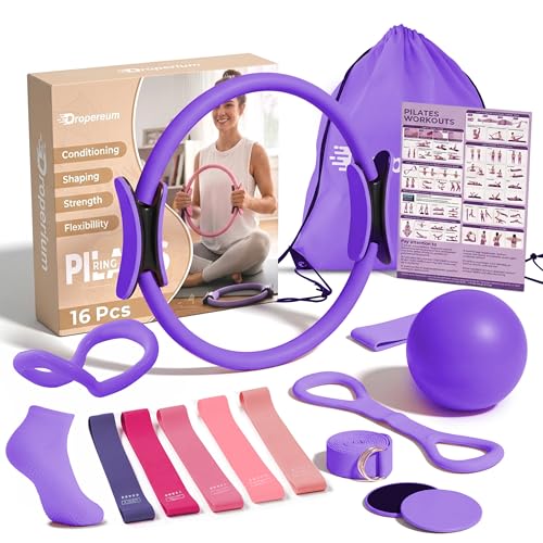 Pilates Kit for Women, 16PCS Home Pilates Workout Kit for Beginners, Pilates Ring Set with Exercise Ball, Resistance Bands, Stretch Strap & Accessories, Full Body Fitness Equipment for Home Gym,Travel - color: Purple