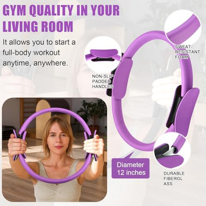 10 Pcs Pilates Ring Blocks Set for Women Home Yoga Equipment Accessories Pilates Ring Circle and Ball Workouts Gift Include Ball Yoga Circle Resistance Bands Block Straps Gym Bag - color: Purple