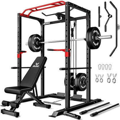 S11 Power Cage, 2000LB Multi-Function Power Rack with LAT Pulldown, Squat Rack with Adjustable Pulley System and Training Attachments, Weight Rack for Home Gym - style: 190LB Black Weights Package