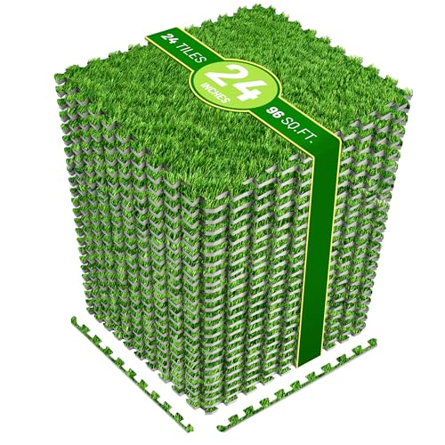 Sorbus Grass Foam Floor Tiles - 24 Interlocking Mats of 24"X24” Total of 96 Sq Ft for Kids Outdoor Toys, Playroom, Deck, Patio, Basement Home Gym - Artificial Carpet Grass Turf Indoor Outdoor Flooring
