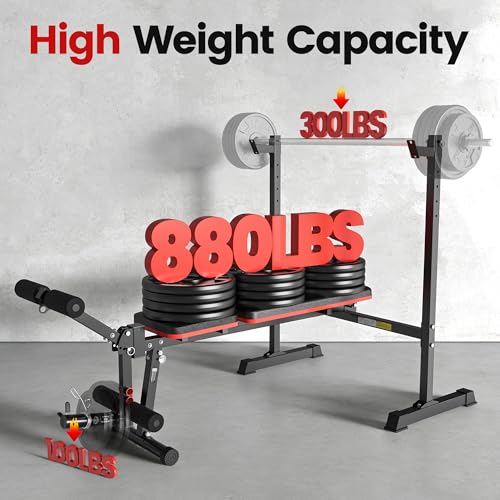 Weight Bench Set, 880LBS Adjustable Bench Press Set with Leg Extension and Barbell Rack, Safety Bar Catches, Fasting Foldable Workout Benches for Home and Gym