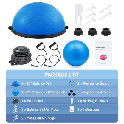 ZELUS Half Balance Ball Trainer, 23 inch Half Exercise Ball with Nonslip Base, 330lbs Cap Half Yoga Ball with Resistance Bands & Foot Pump, Extra Ball Included, Strength Fitness Ball for Home Gym