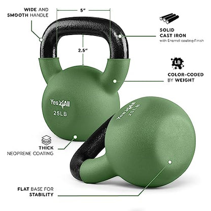 Yes4All Kettlebell, 5-65 LB Neoprene Coated Cast Iron Kettlebells, Wide Grip Handle & Flat Bottom for Swings, Squats, Deadlifts, Push Ups & Full Body Training at Home Gym - Single & Set - color: G. 25LB - Green Glimmer, style: A. Single