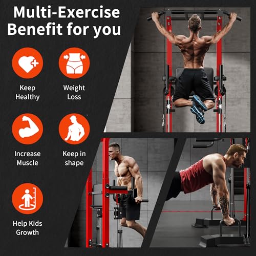 SogesHome Power Tower Pull Up Bar and Dip Station, Multi-Function Free Standing Pull Ups, Adjustable Height Dip Bar Strength Training Workout Equipment, Pull Up Stand Workout for Home Gym Exercise Equipment - color: Red