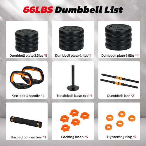 Adjustable Dumbbell Set, 66LBS weights dumbbells set, 4-In-1 Dumbbell Set with Connector for Barbell, Kettlebell, Push-Up Stand, Home Gym Fitness Equipment for Strength Training