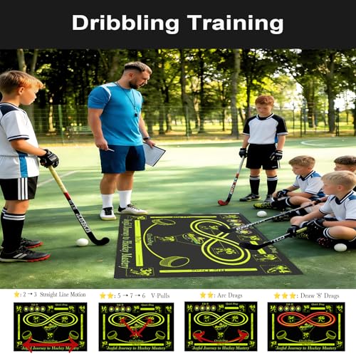 Hockey Training Equipment, Non-Slip Dribbling Training Mat, Indoor/Outdoor Field Trainer, Practice Aids to Improve Speed, Ball Control and Coordination, Includes Resistance Bands and Cones