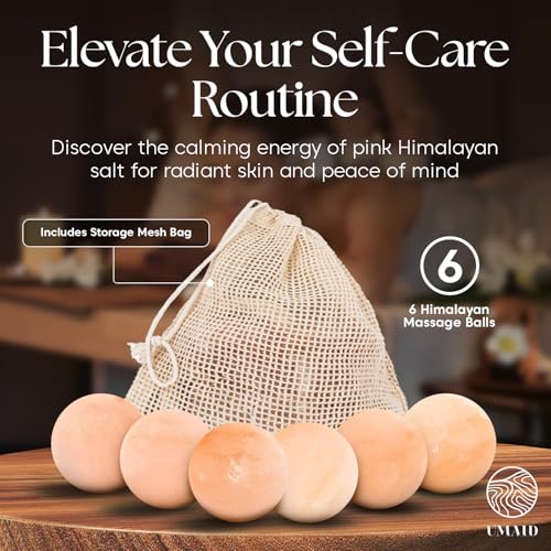UMAID Himalayan Salt Massage Balls 6-Pack – Natural Himalayan Salt Massage Stones with Cotton Mesh Bag for Hot & Cold Muscle Relief, Spa Massage Therapy, Relaxation & Wellness Gifts for Men & Women