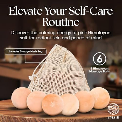 UMAID Himalayan Salt Massage Balls 6-Pack – Natural Himalayan Salt Massage Stones with Cotton Mesh Bag for Hot & Cold Muscle Relief, Spa Massage Therapy, Relaxation & Wellness Gifts for Men & Women