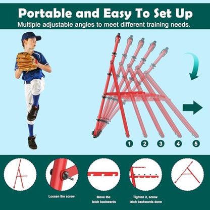 LIANTRAL Baseball Rebounder Net, Adjustable Bounce Back Trainer for Soccer, Volleyball, Softball, Portable Folding Rebounder for Passing & Shooting Practice, Volleyball Rebound Net for Kids, Red