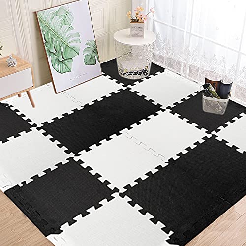 16 Tiles Interlocking Foam Mat Floor Tiles, 12" x 12" EVA Foam Puzzle Mat with Borders, 0.4" Thick Soft Protective Exercise Padding Mats for Fitness, Play, Gym, Black and Cream White