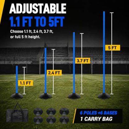 6 Pcs 5 FT Adjustable Agility Training Poles for Soccer,Basketball,Football, Horse,Dog-Speed and Agility Training Equipment Sports Training Poles with Rubber Bases and Bag - color: blue