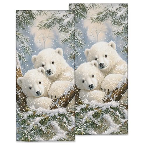 Cute Polar Bear Hand Towels, Soft Decorative Pine Tree Snowy Scene Hand Towel Set of 2 for Bathroom Hotel Home, Absorbent Dish Towels for Kitchen Drying Farmhouse Gifts 14×28 Inch - color: Bear18