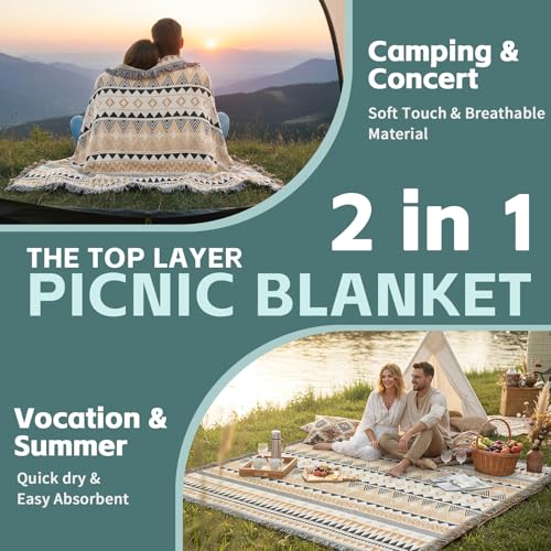 2 in 1 Extra Large Boho Beach Blanket Towel Giant Woven Outdoor Rug Picnic Mat Camping Gear Cruise Essential 2026 Summer Vacation Must Have Airplane Travel Accessories Costa Rica Hawaii Trip Stuff - color: Boho Brown