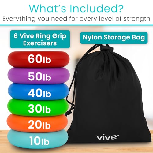 Vive Hand Strengthener Grip Ring - Forearm Ring Hand Exercisers - Silicone Squeezer Gripper for Muscle Strengthening Training Tool - Arthritis Finger Physical Therapy PT Kit Trainer - color: Multicolor (6 Pack)