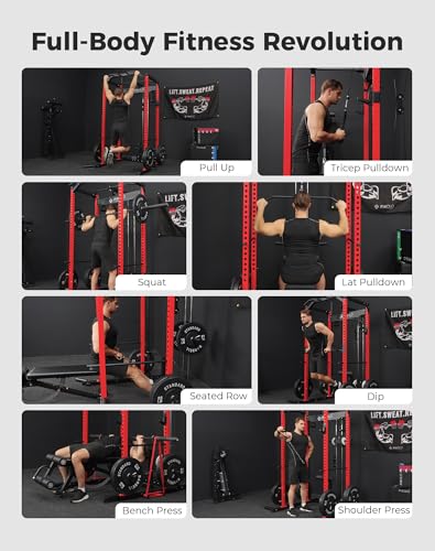 Mikolo F4 2.0 Power Cage with Dual-Track Smooth Pulley System, 1200LBS Power Rack with Leg Hold-Down for Heavy LAT Pulldowns - color: Red, size: F4 2.0 (with Bench＆Bar＆230LB CP）