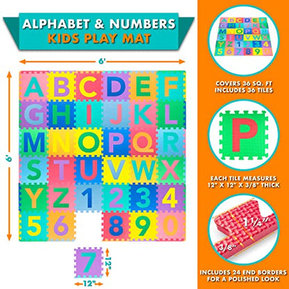 ProSource Kids Puzzle Alphabet, Numbers, 36 Tiles and Edges Play Mat, 12" by 12", Abc & 123 - style: ABC & 123