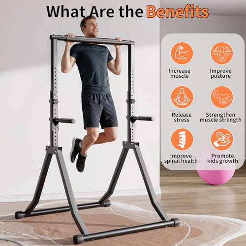 Foldable Power Tower Dip Station for Pull Ups, 66.1"-84.6" 12 Level 700 LBS, Adjustable Dip Handles & Assistance Bands Foldable Home Gym Equipment - color: 66"-85" with Dual Dip Handles