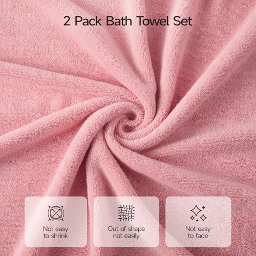ecolook 2 Pack 100% Cotton Bath Towels, 28 x 55 Inches, Soft | Lightweight, Highly Absorbent & Quick Dry Body Towels for Bathroom, Shower, Gym & Daily Use, Pink - color: Pink