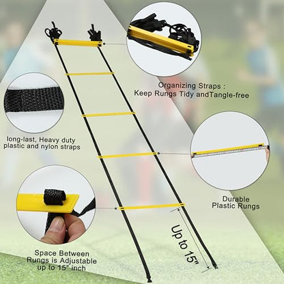 20ft Adjustable Agility Speed Ladder Training Ladder with Carry Bag - Soccer, Speed, Football Fitness Feet Training - Agility Training Equipment for Footwork Drills - color: Yellow