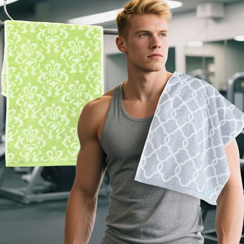 Workout Towels for Gym (2PC, 14"x31") - 100% Cotton, Breathable, Soft & Absorb - Sweat Towel for Men & Women, Sports Towel for Yoga, Tennis, Running, Exercise & Fitness, Green Damask+Gray Checkered - color: Gray+green, size: 2PC (14"x31")