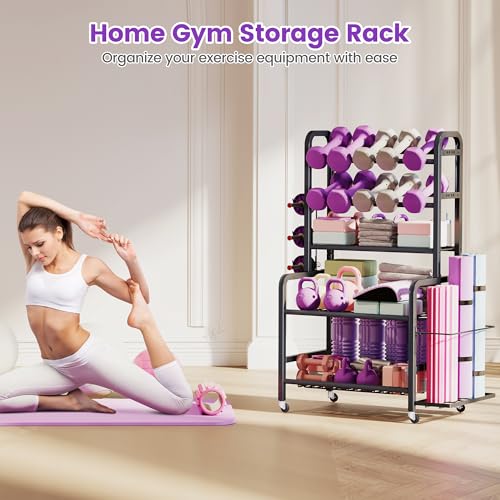 Homeiju Dumbbell Rack, Weight Rack for Home Gym, Yoga Mat Storage Holder with Lockable Wheels, Dumbbell Stand with Hooks, All in One Work out Equipment Storage for Yoga Mat Dumbbell and Balls