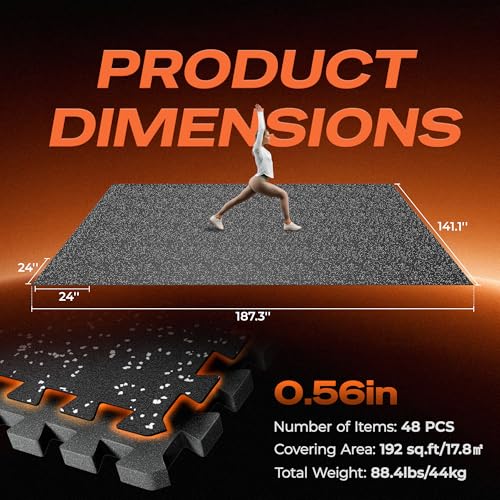 SUPERJARE 0.56'' Thick 48 Pcs 192 Sq Ft Rubber Top Exercise Equipment Mats, High Density EVA Foam Mats with Rubber Top, Interlocking Gym Flooring for Home Gym, Protective Workout Mat, Black/Grey - size: 48 Tiles (192 Sq Ft)