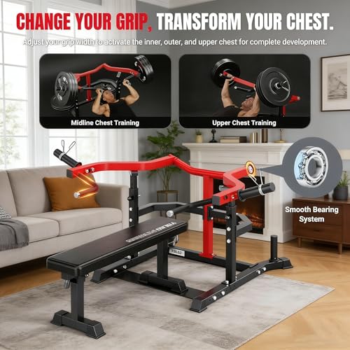 YOLEO Chest Press Machine, 1100LBS Bench Press Machine with Separate Press Station & Adjustable Weight Bench, Independent Converging Arms - color: Red-Black