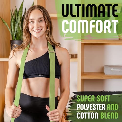 Yoga Strap, Friction-Less Easy-Feed Buckle, Super Soft Cotton/Polyester Blend Webbing, Free eGuide. (8 Feet) - color: Green